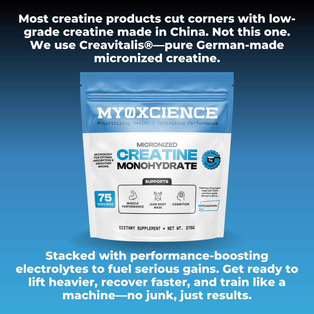 MYOXCIENCE Creavitalis Creatine in workout scene bottle beside gym gear.