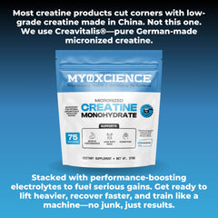 MYOXCIENCE Creavitalis Creatine in workout scene bottle beside gym gear.