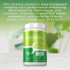 MYOXCIENCE Electrolyte STIX bottle side view emphasizing creatine and electrolyte balance for workouts.