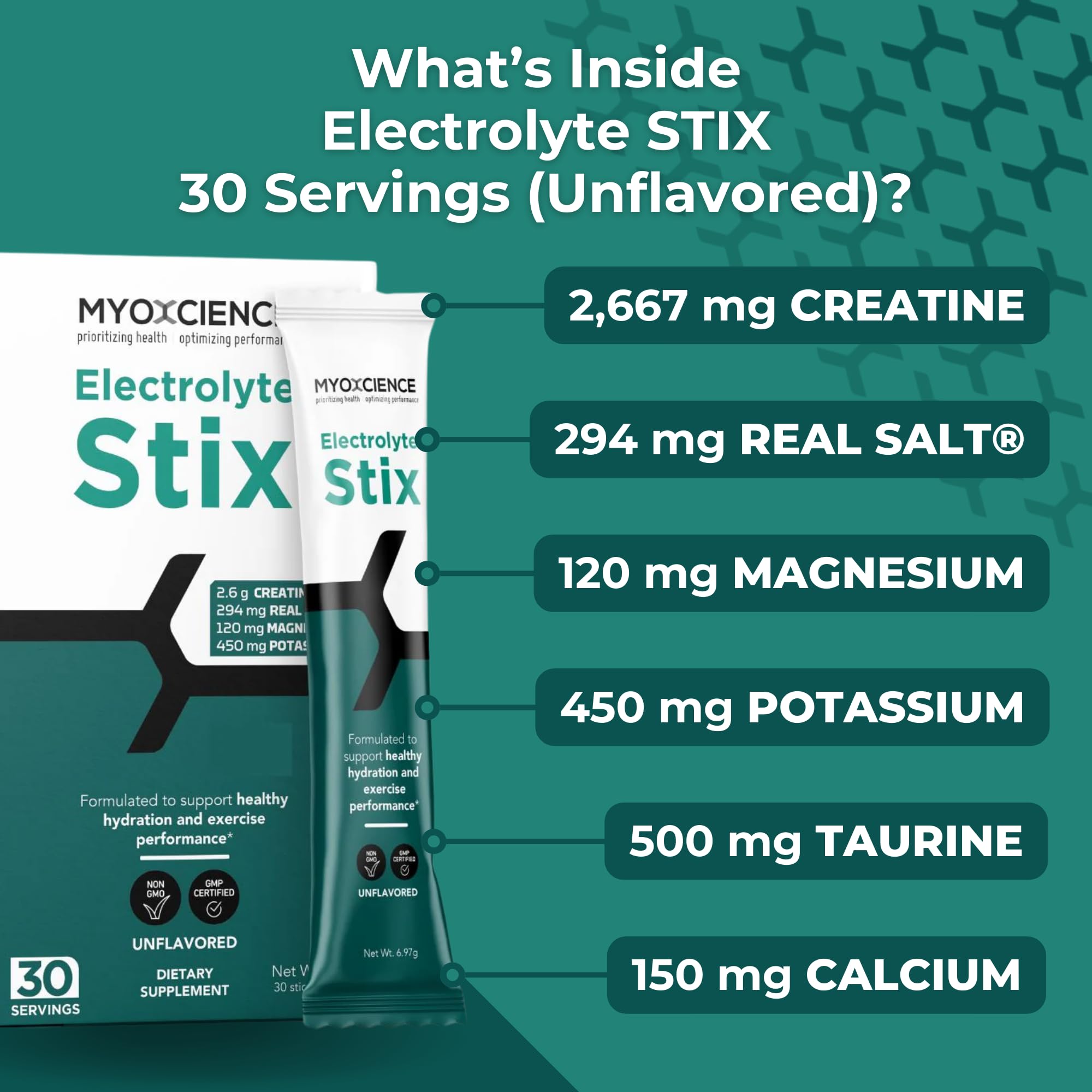 MYOXCIENCE Electrolyte STIX creatine-enhanced powder with electrolytes.