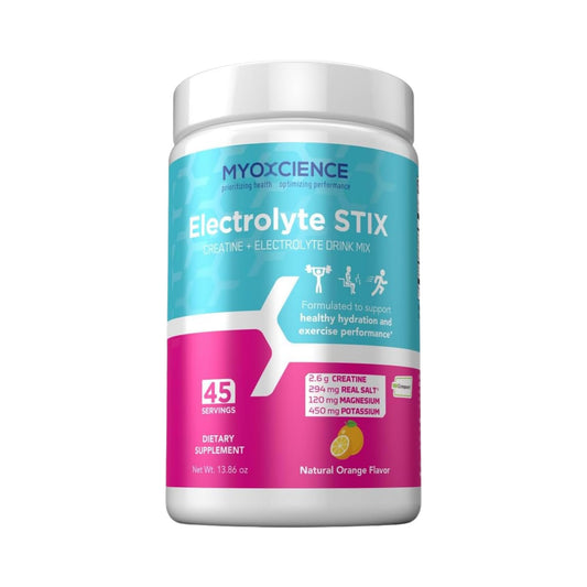 MYOXCIENCE Electrolyte STIX jar front with natural orange flavor for on-the-go hydration