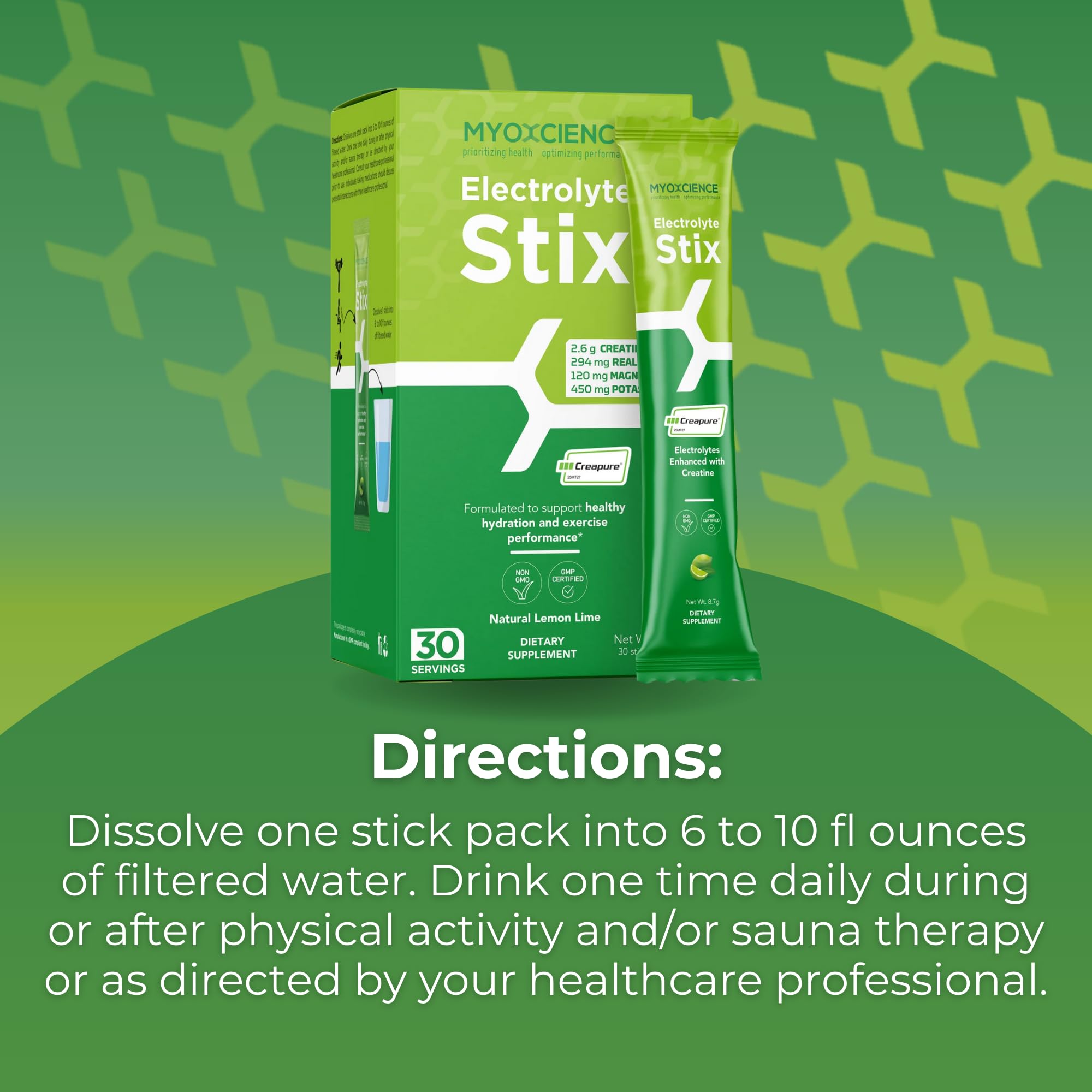 MYOXCIENCE Electrolyte STIX lemon-lime in glass communicates flavor and hydration during endurance.