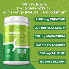 MYOXCIENCE Electrolyte STIX packaging front highlights 45 servings and lemon lime flavor.