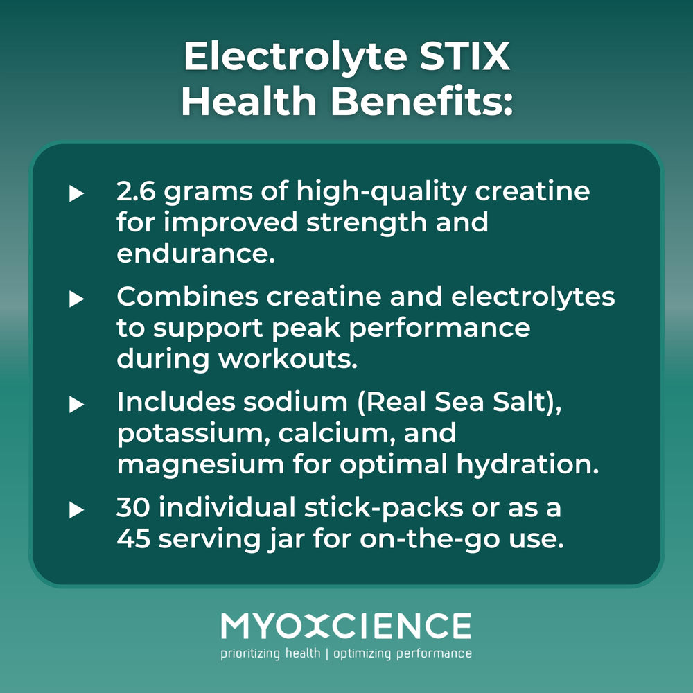 Travel-ready MYOXCIENCE Electrolyte STIX sticks in a compact pouch.