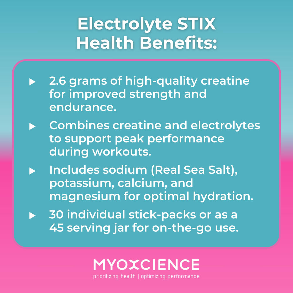 Travel-friendly MYOXCIENCE Electrolyte STIX packs tucked in a gym bag