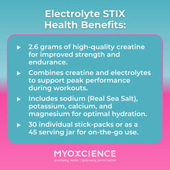 Travel-friendly MYOXCIENCE Electrolyte STIX packs tucked in a gym bag