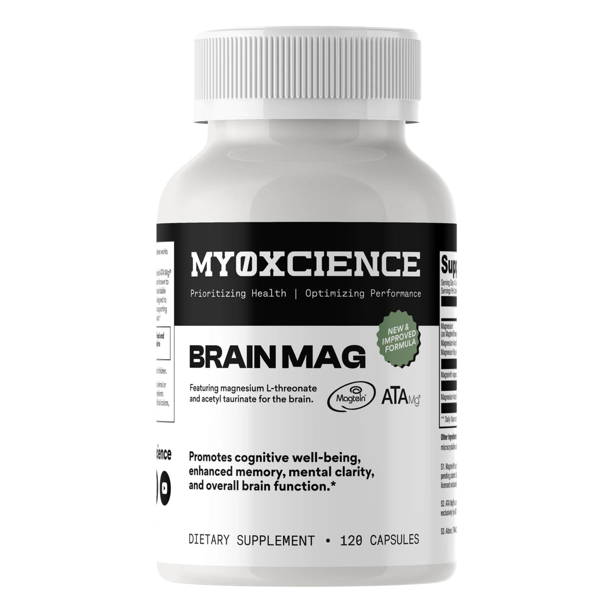 MYOXCIENCE Magnesium L-Threonate capsules on bottle, supporting cognitive clarity.