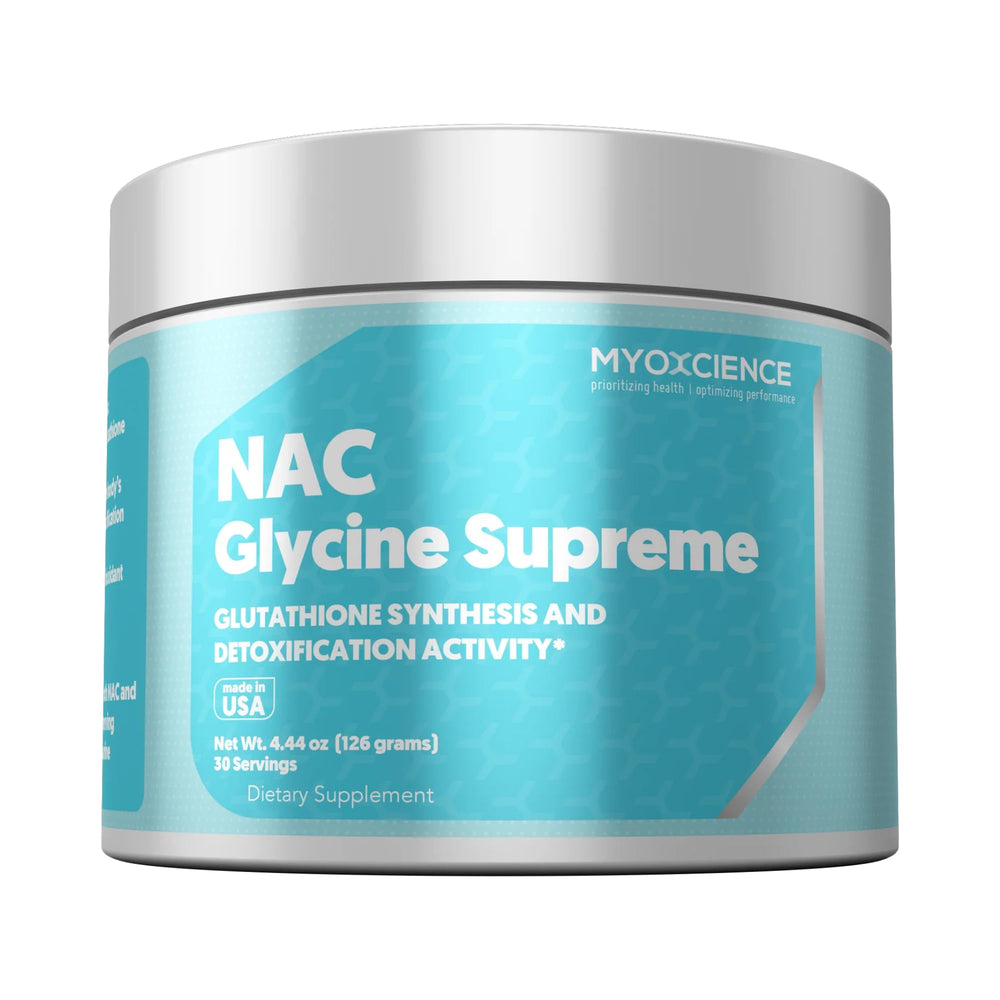 MYOXCIENCE NAC Glycine Supreme bottle label with peach-pineapple flavor and antioxidant-related benefits
