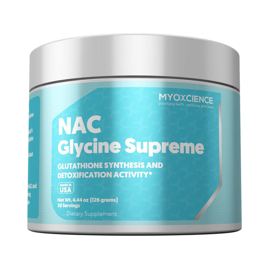 MYOXCIENCE NAC Glycine Supreme bottle label with peach-pineapple flavor and antioxidant-related benefits