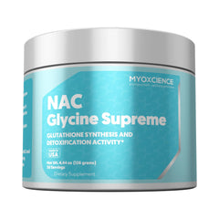 MYOXCIENCE NAC Glycine Supreme bottle label with peach-pineapple flavor and antioxidant-related benefits