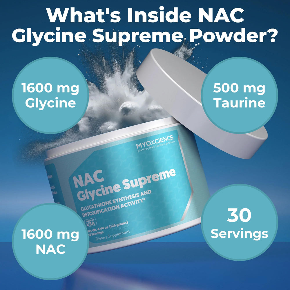 MYOXCIENCE NAC Glycine Supreme dosage view highlighting 1600 mg NAC per serving