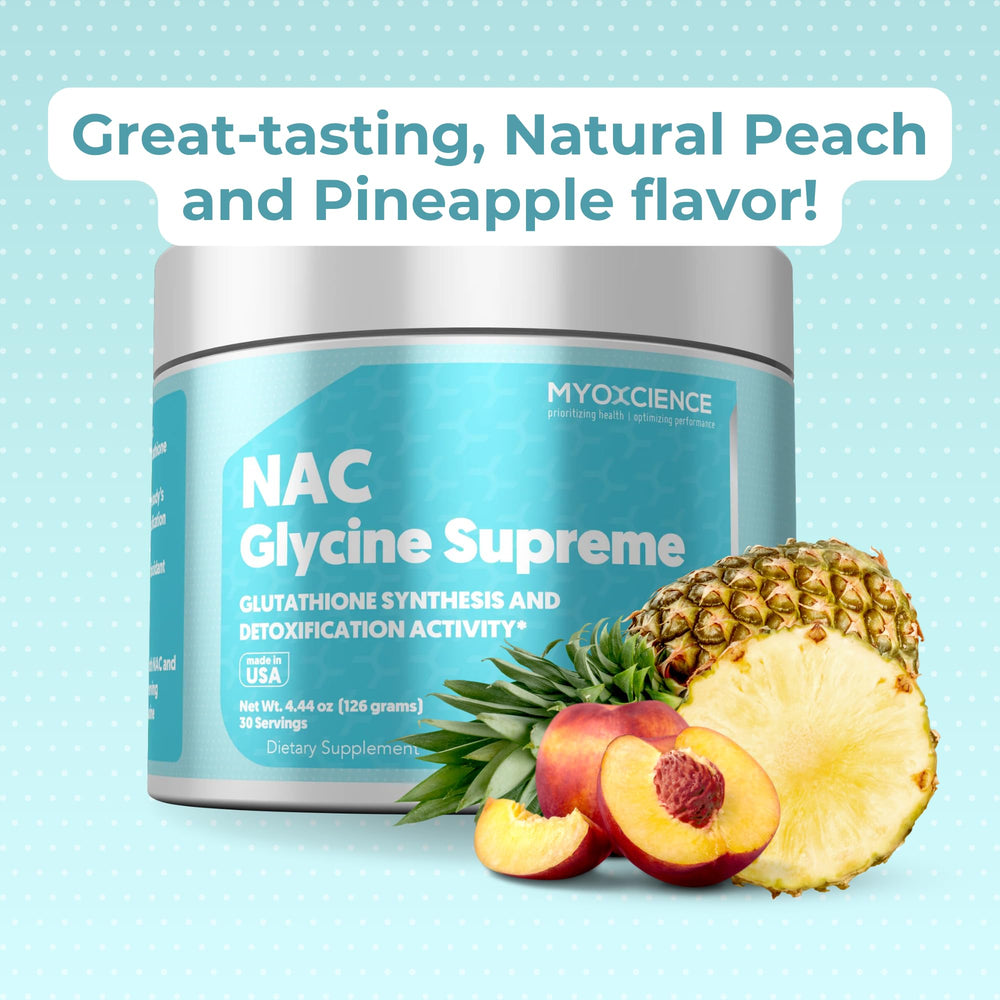 MYOXCIENCE NAC Glycine Supreme flavor visual emphasizing natural peach and pineapple
