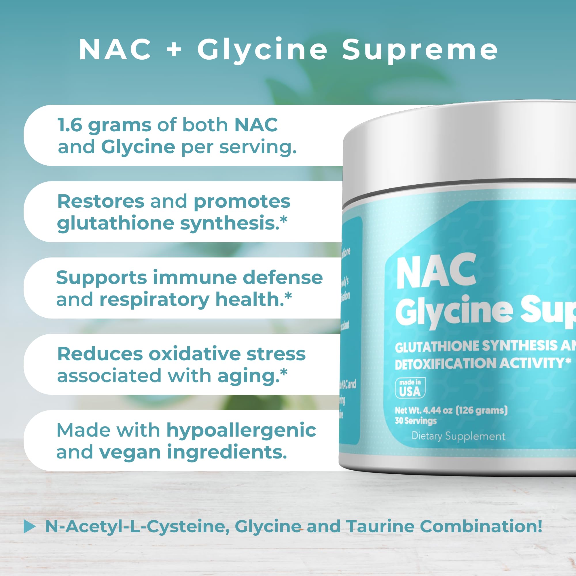 MYOXCIENCE NAC Glycine Supreme ingredient panel displaying NAC, glycine, taurine blend