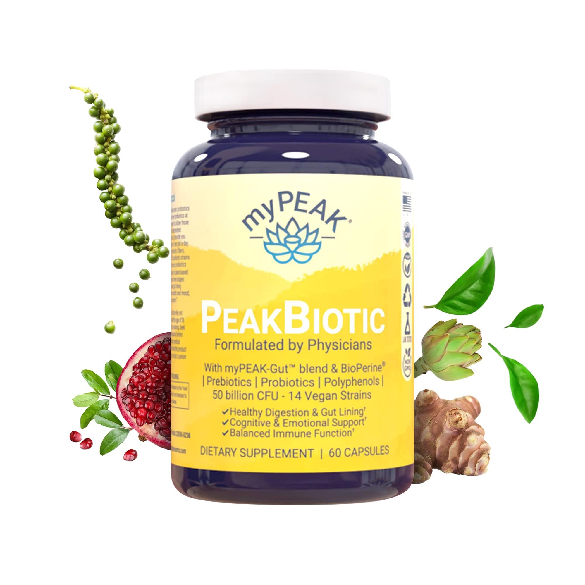 myPEAK PeakBiotic bottle pouring capsules for daily gut support.