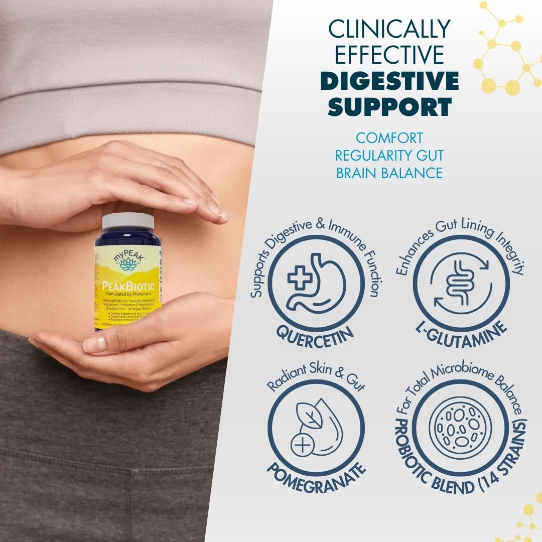 Label info on myPEAK PeakBiotic showing 50B CFU and vegan formula.