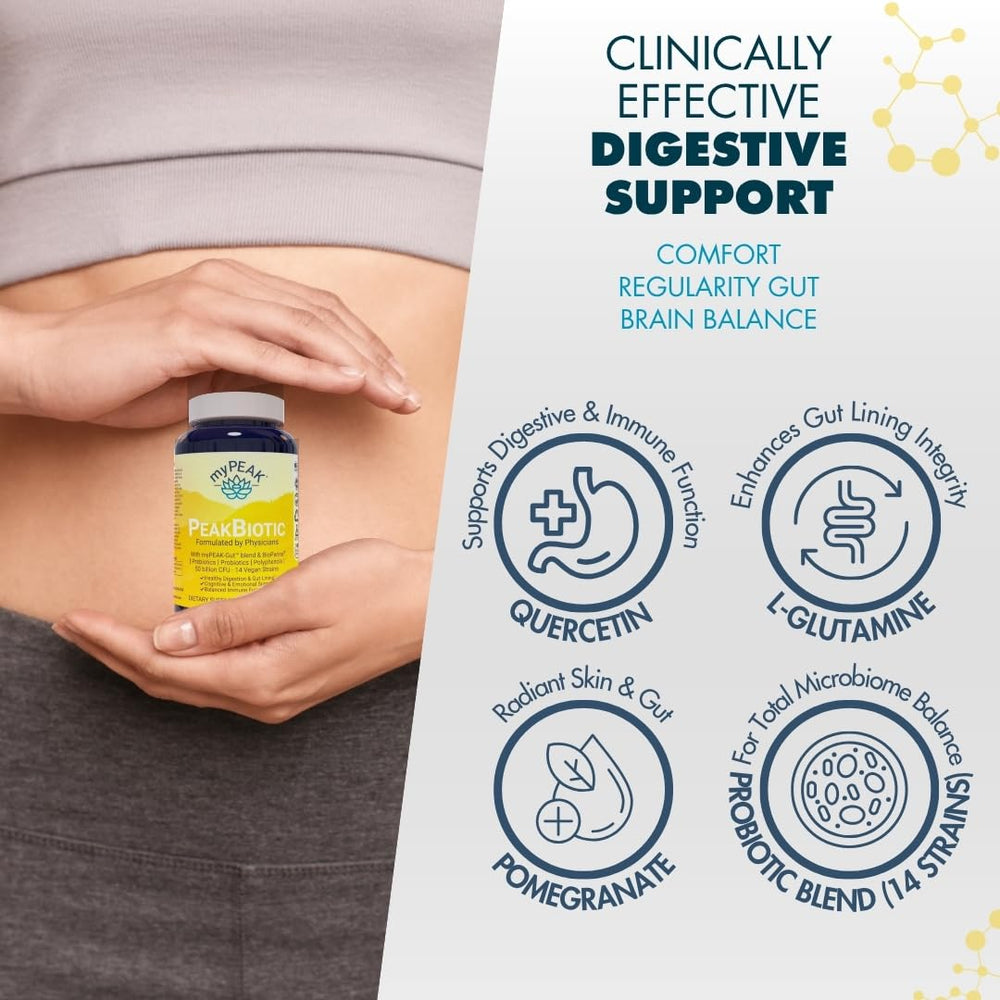 Label info on myPEAK PeakBiotic showing 50B CFU and vegan formula.
