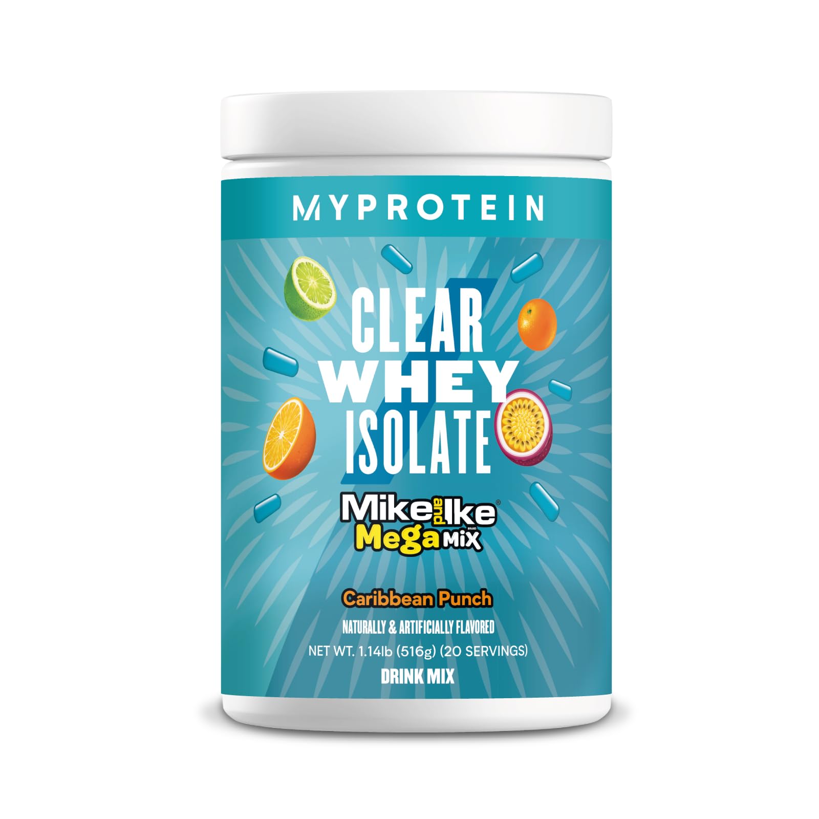 Myprotein Clear Whey Isolate Caribbean Punch bottle shows a fruity protein for workouts.