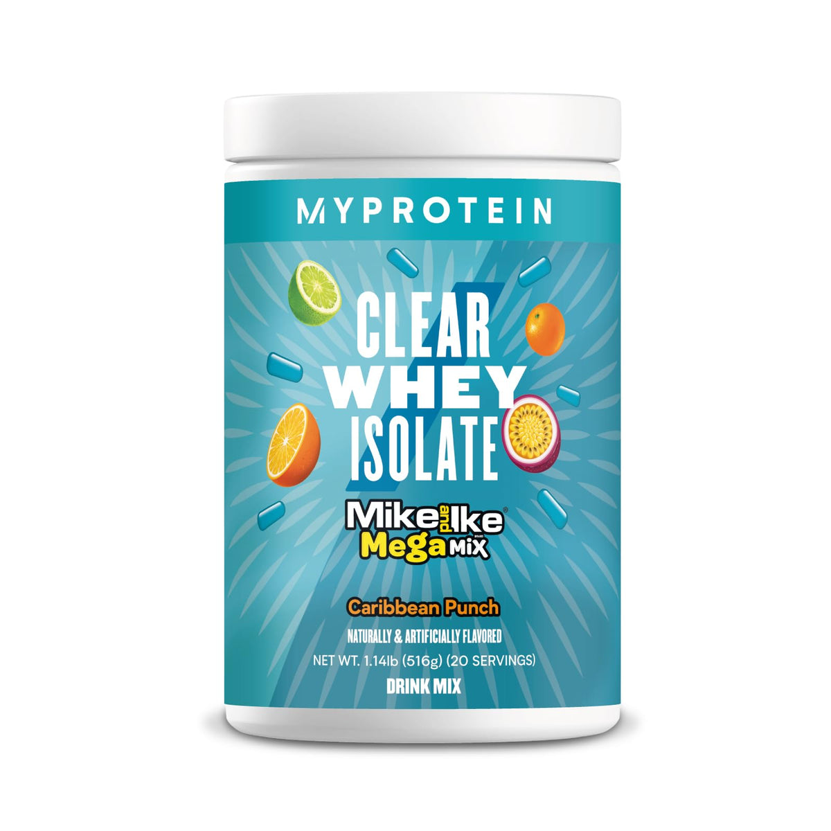 Myprotein Clear Whey Isolate Caribbean Punch bottle shows a fruity protein for workouts.