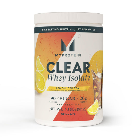 Myprotein Clear Whey Isolate Lemon Ice Tea bottle displaying a refreshing high protein option