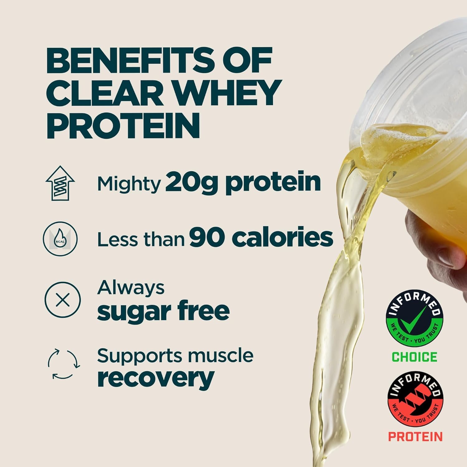 Myprotein Clear Whey Isolate Lemon Ice Tea glass pour showing a bright juice like drink