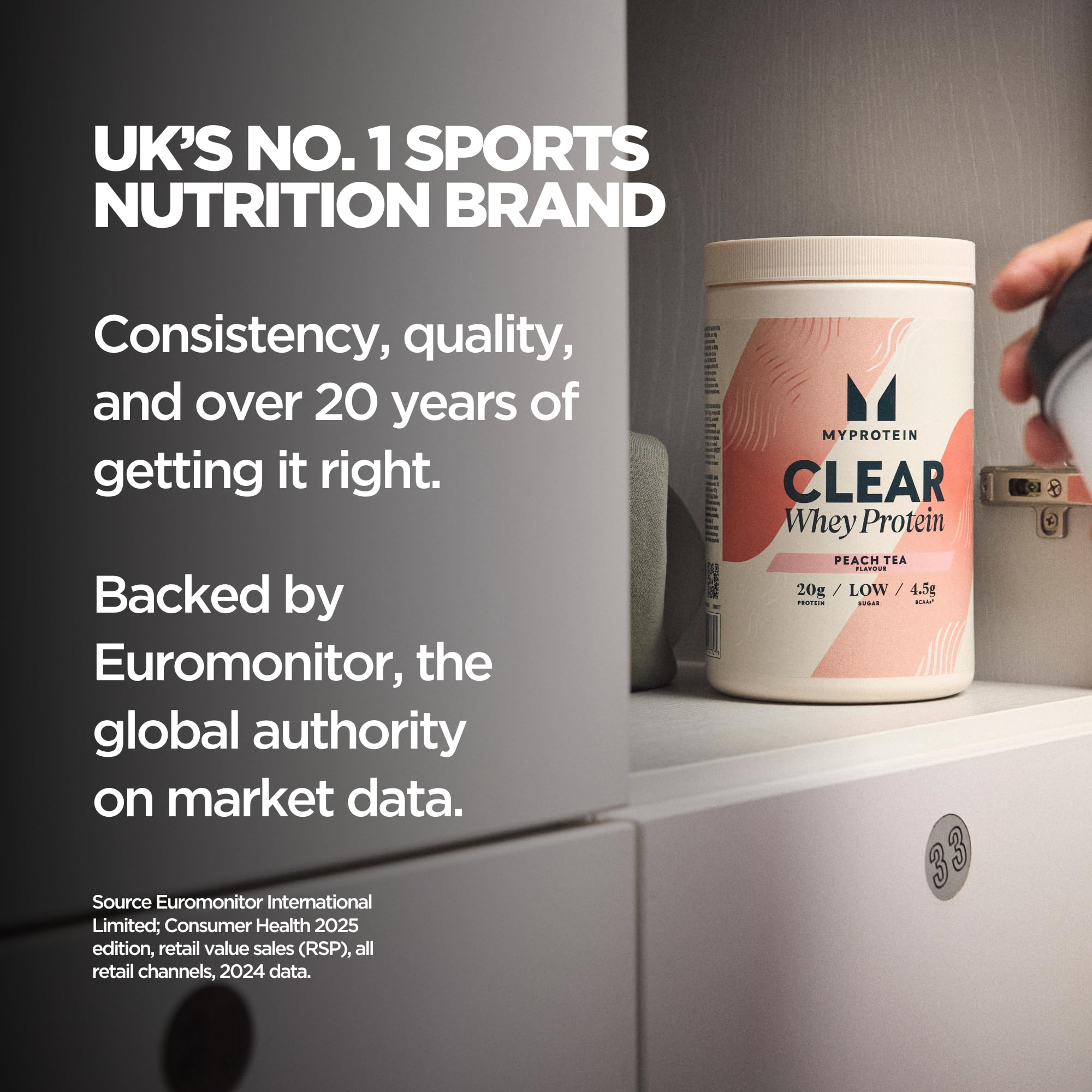 Myprotein Clear Whey Isolate Lemon Ice Tea label highlighting zero fat and sugar