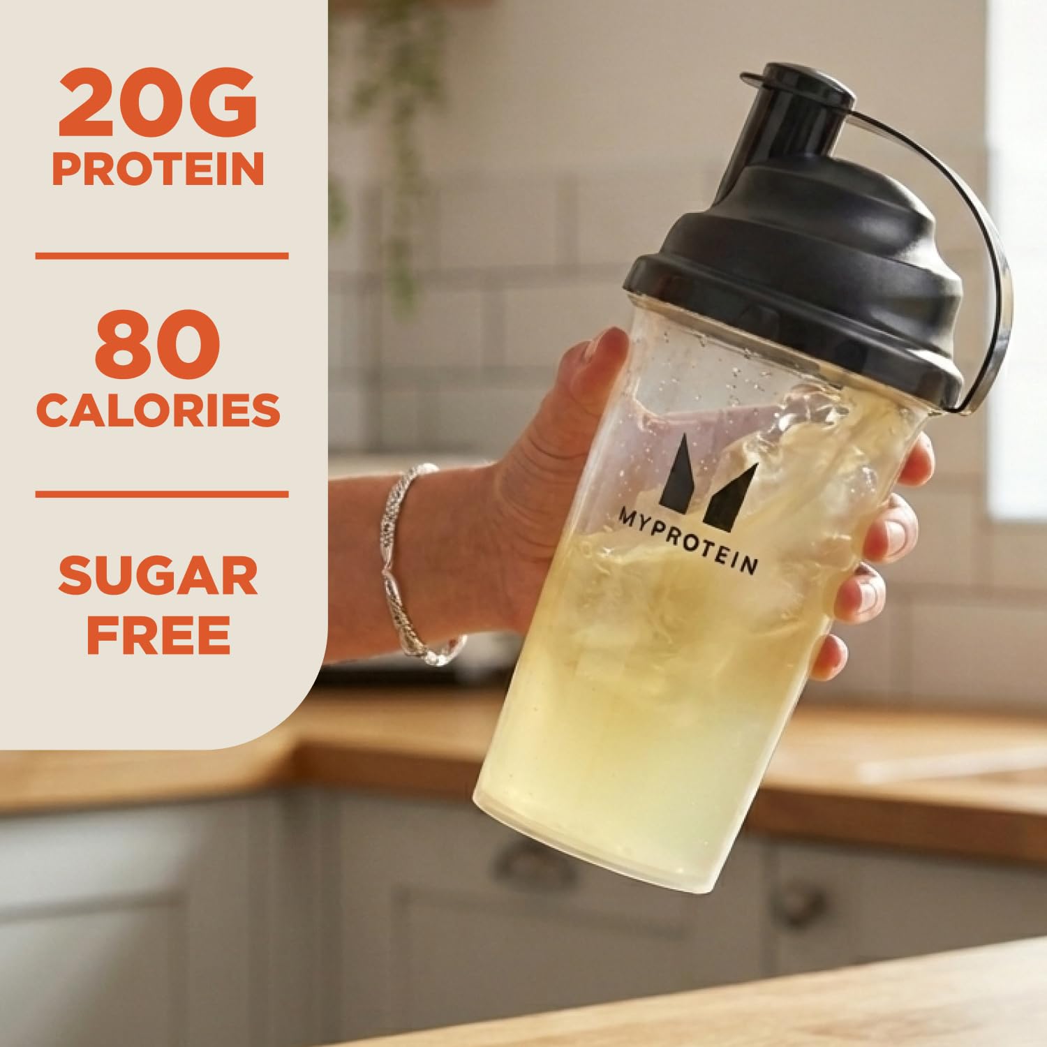 Myprotein Clear Whey Isolate Lemonade packaging communicates zero sugar and 20g protein per serving