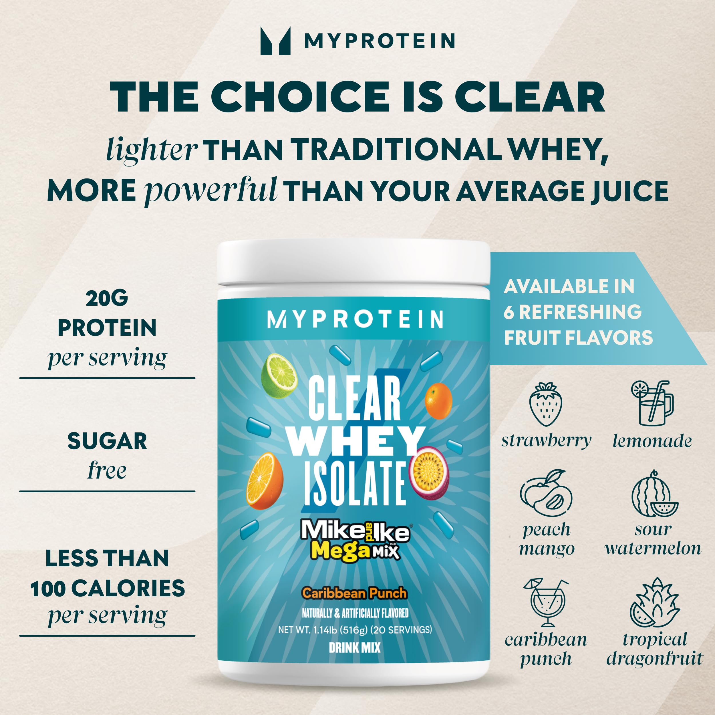 Myprotein Clear Whey Isolate Sour Watermelon glass highlights refreshing, low-calorie protein.