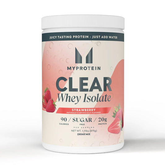 Myprotein Clear Whey Isolate strawberry glass pour shows a refreshing protein drink