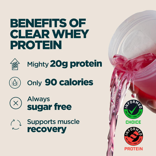 Myprotein Clear Whey Isolate Strawberry pour, light juice-like protein lift