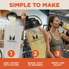 Myprotein Clear Whey Isolate glass showcases zero fat and under 90 calories