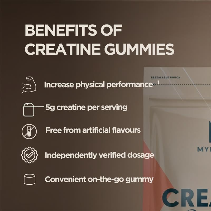 Myprotein Creatine Gummies 90-serving pack emphasizing on-the-go use.