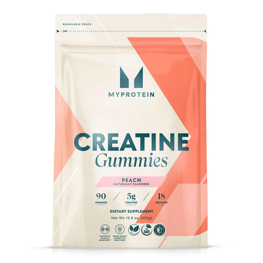 Myprotein Creatine Gummies peach bottle for simple daily 5g servings.
