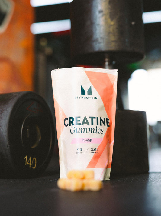 Myprotein Creatine Gummies peach close-up highlighting tasty flavor variety.