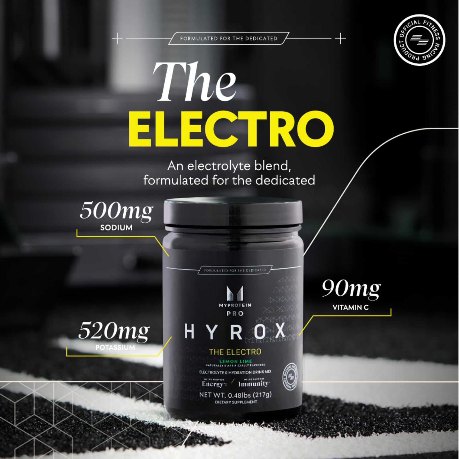 Myprotein HYROX Electro scoop dissolve illustrating fast hydration mix for training sessions.