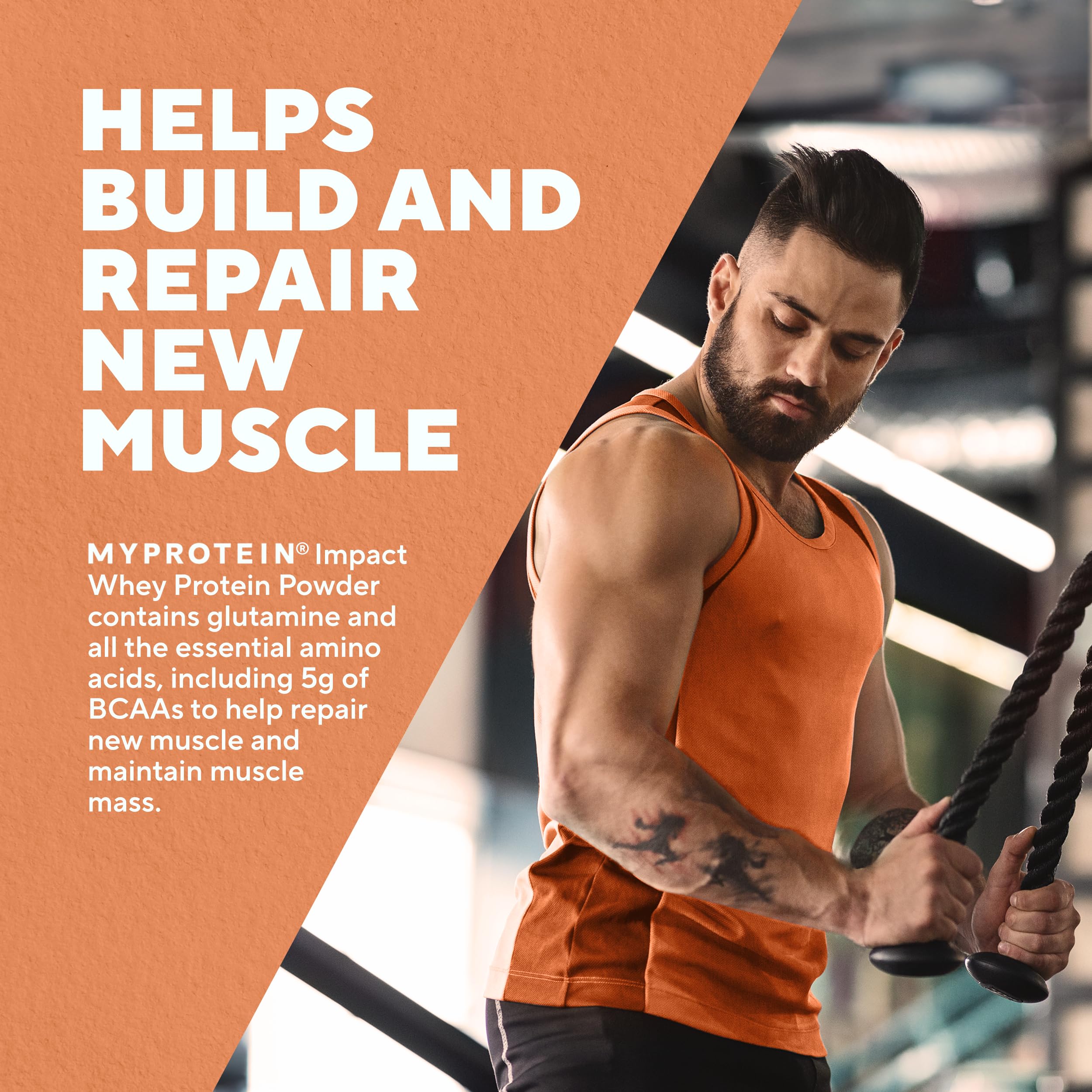 Myprotein Impact Whey 5 g BCAA per serving visible in the panel.