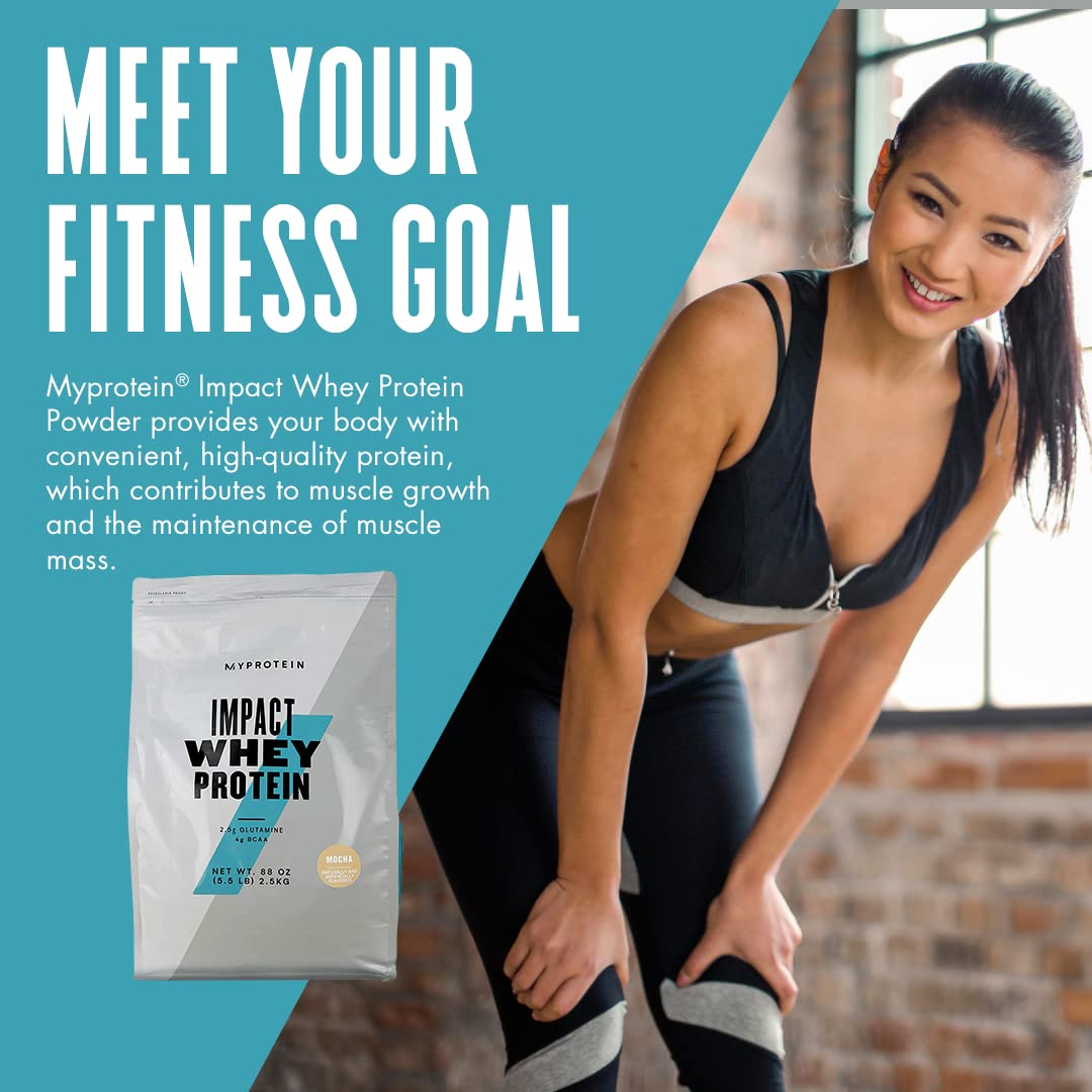 Myprotein Impact Whey Isolate Mocha scoop highlighting easy serving size for workouts.