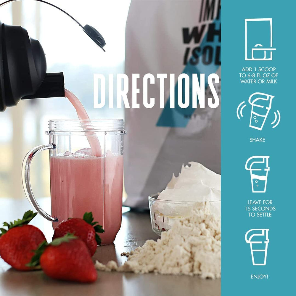 Myprotein Impact Whey Isolate Strawberry nutrition panel highlights protein per serving.