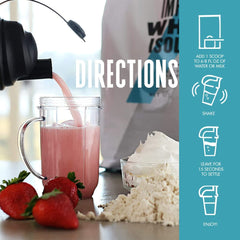 Myprotein Impact Whey Isolate Strawberry nutrition panel highlights protein per serving.