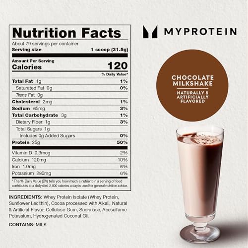 Myprotein Impact Whey Isolate label close-up highlights 22g whey protein isolate per serving.