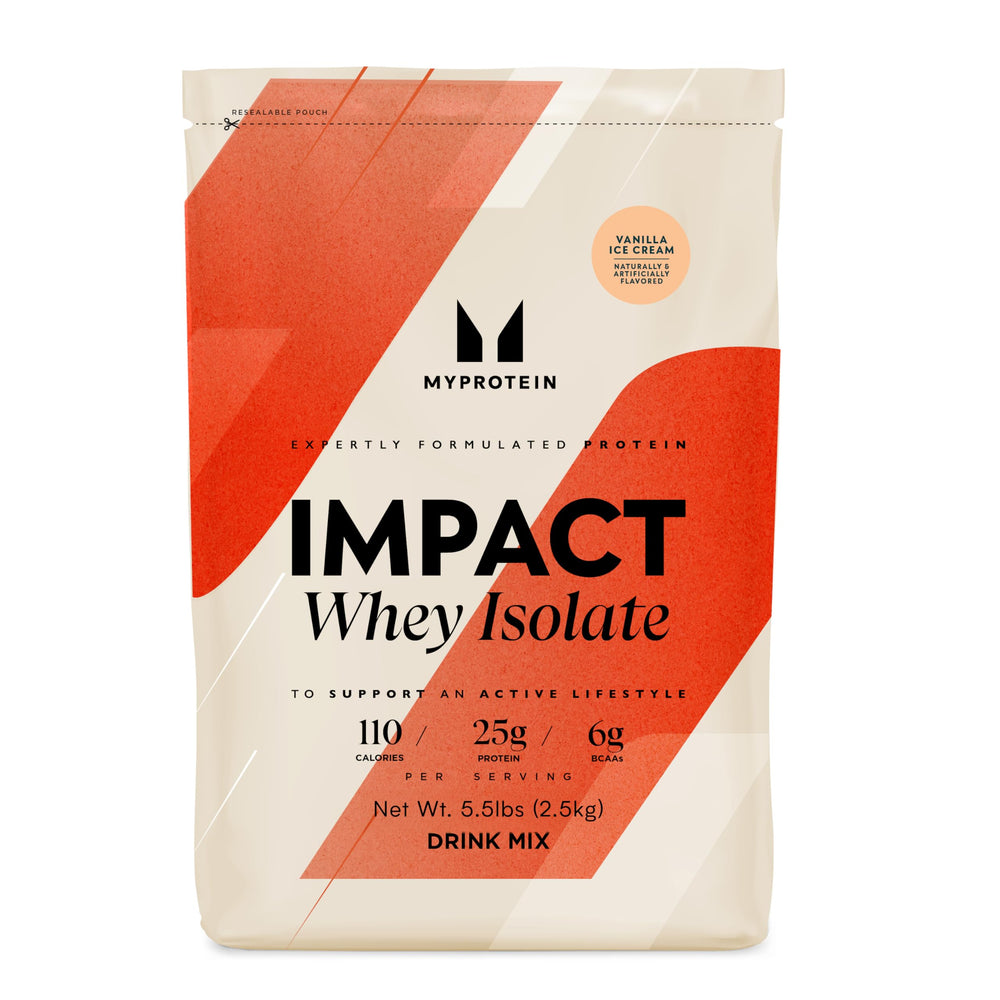 Myprotein Impact Whey Isolate Vanilla bottle front showing premium protein for workouts.