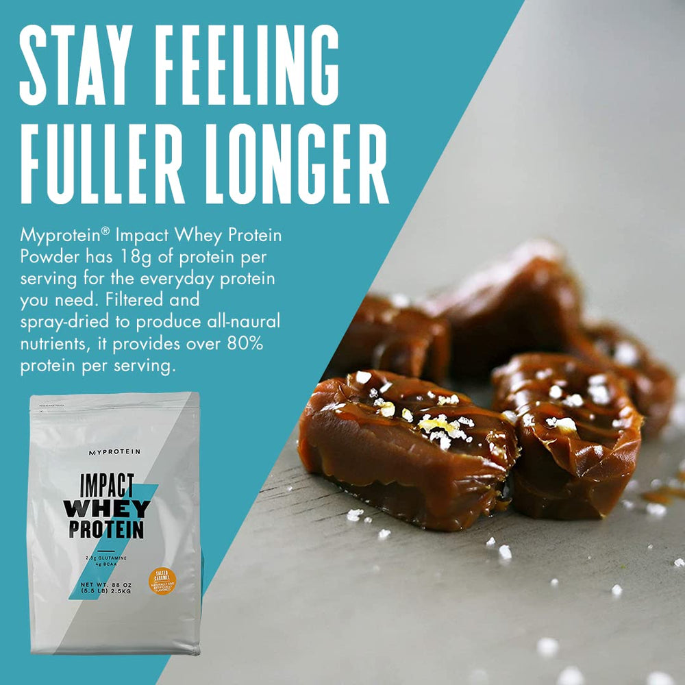 Myprotein Impact Whey Salted Caramel shake glass highlights a smooth, ready-to-drink texture.