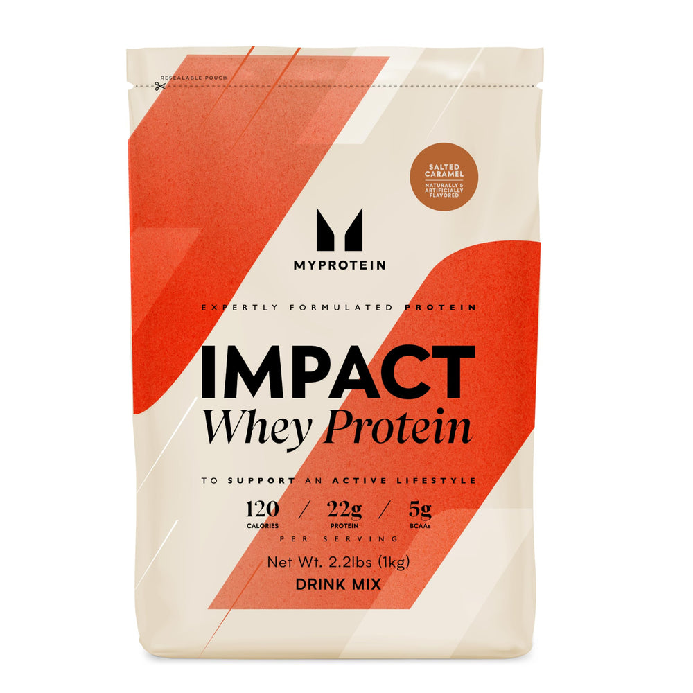 Myprotein Impact Whey Salted Caramel tub front; flavorful protein for daily workouts.