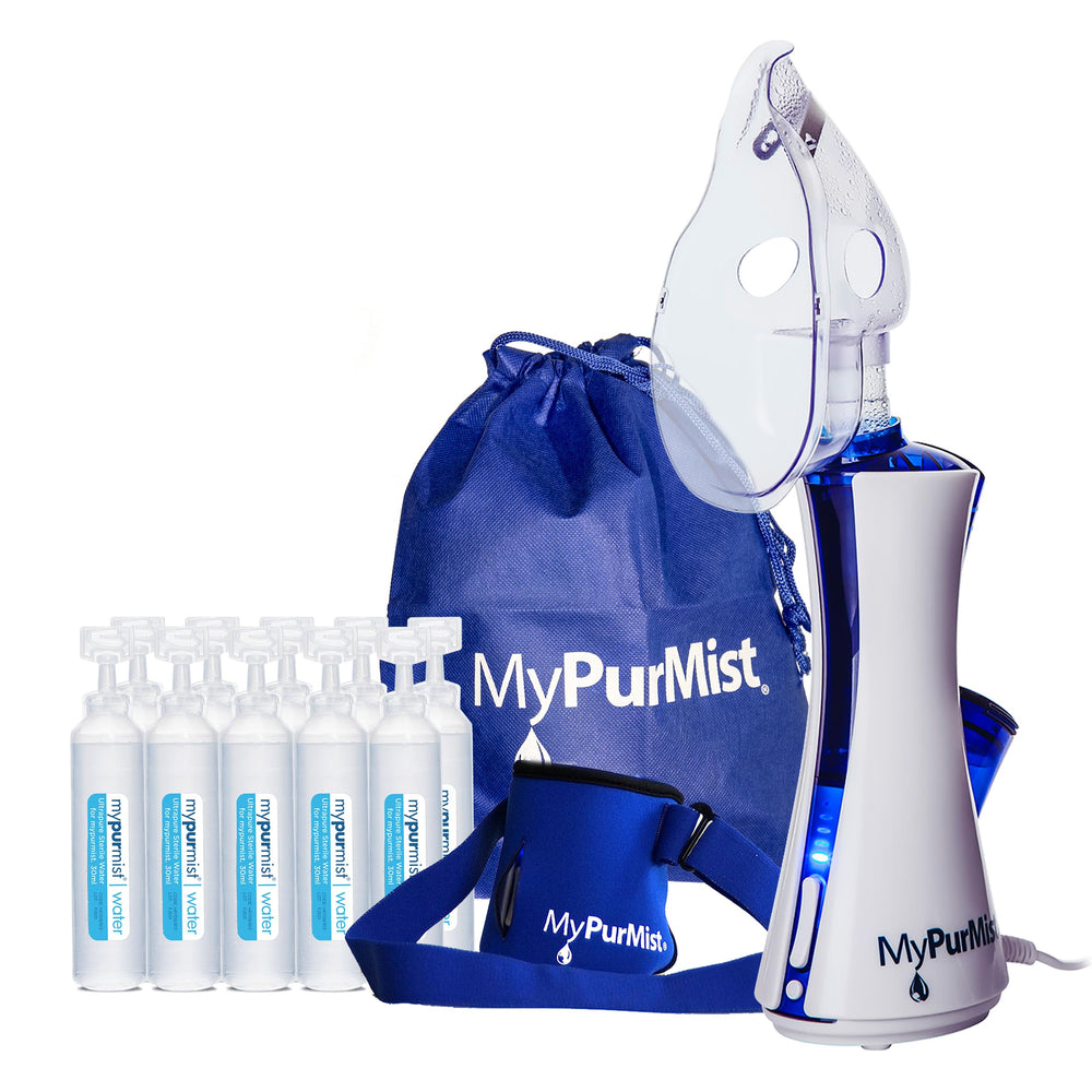 MyPurMist New Classic handheld steam inhaler shown in a compact portable design for on-the-go relief.