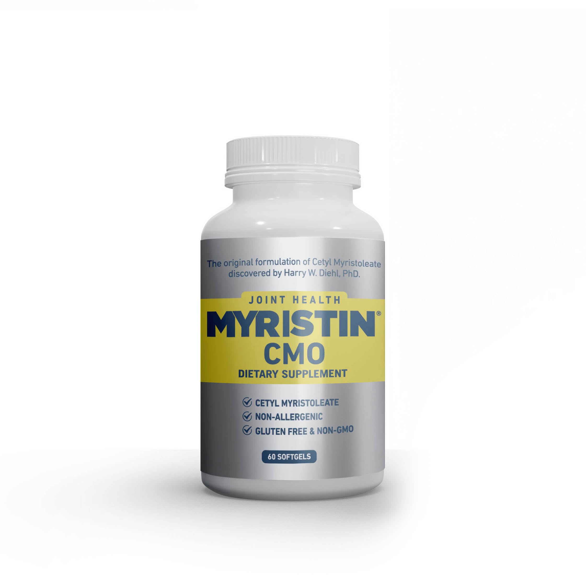 Myristin joint support softgels bottle with 60-count capsules for daily mobility.