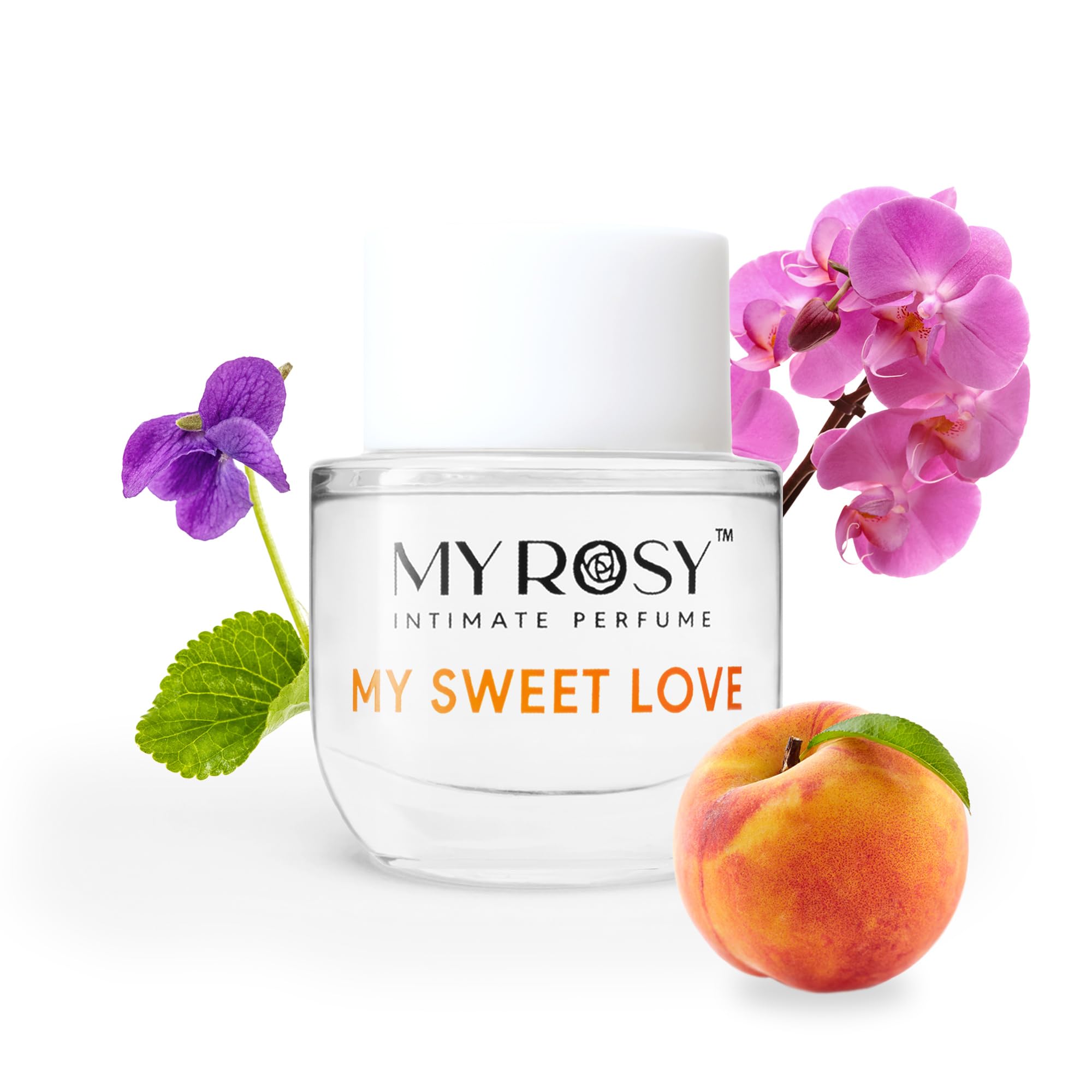 MYROSY My Sweet Love bottle closeup highlights peach notes for fresh daytime wear