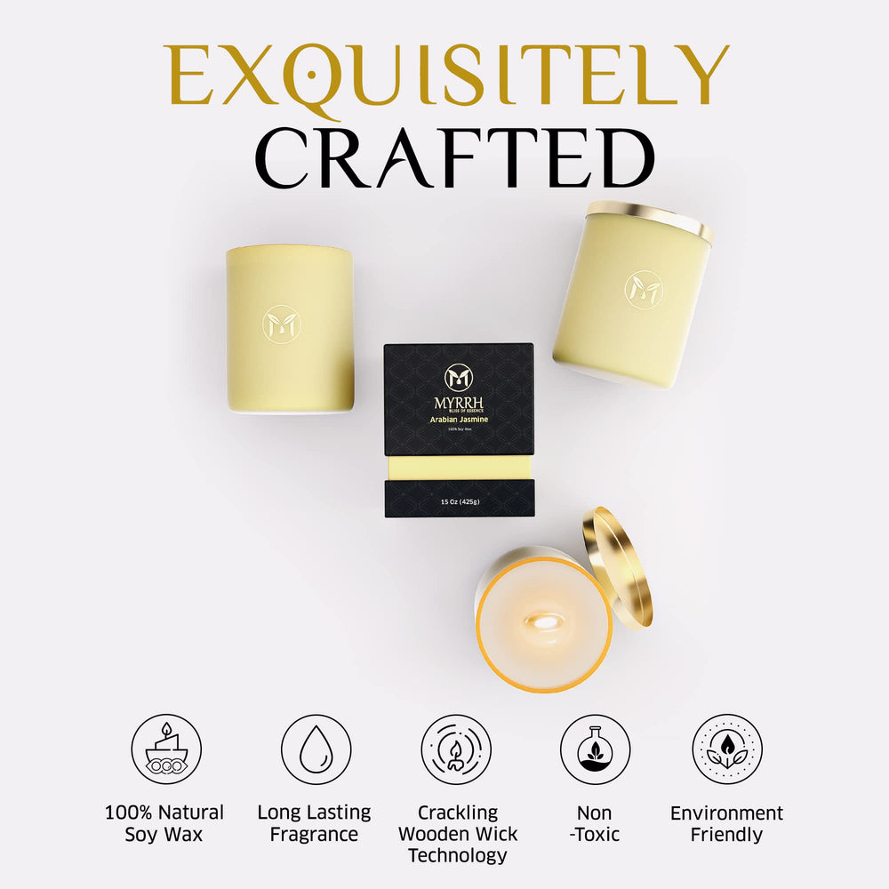Myrrh Bliss of Essence jar with gold foil detail enhances luxury décor.