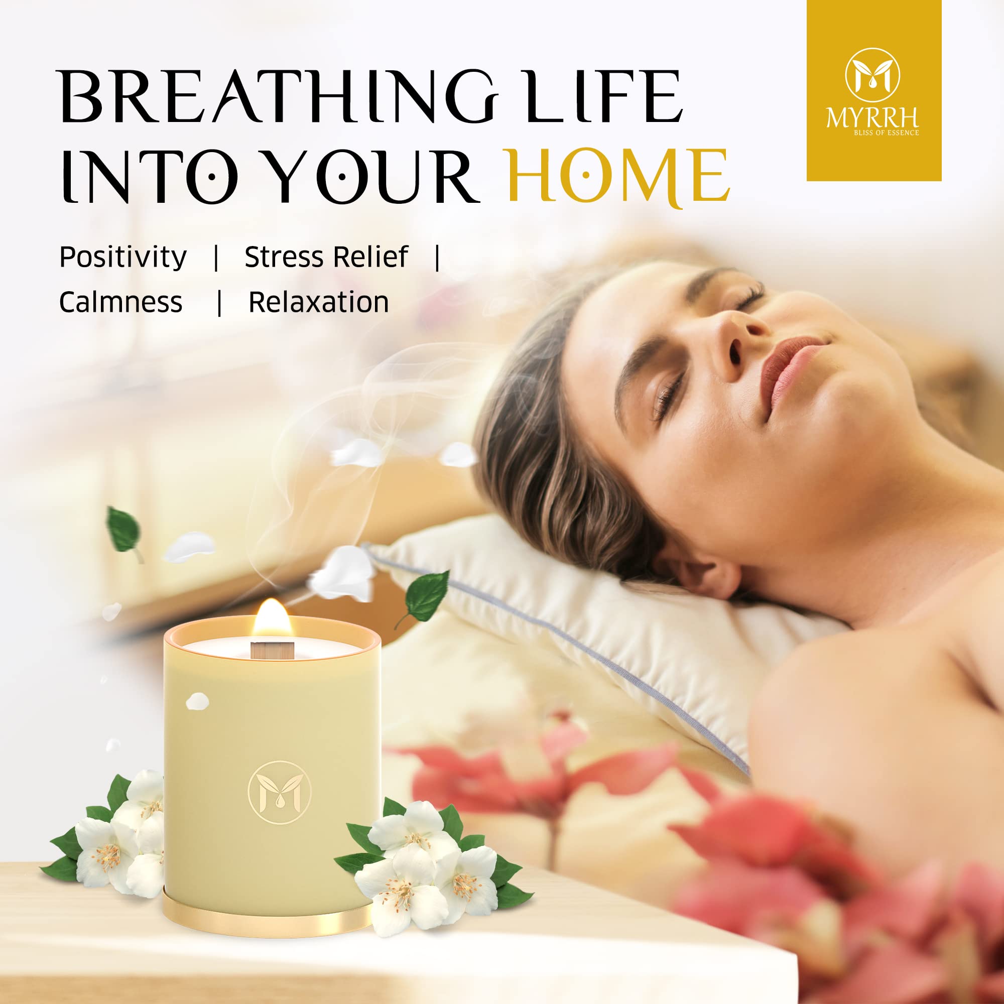 Myrrh Bliss candle glow in living room, enhancing relaxation moments.