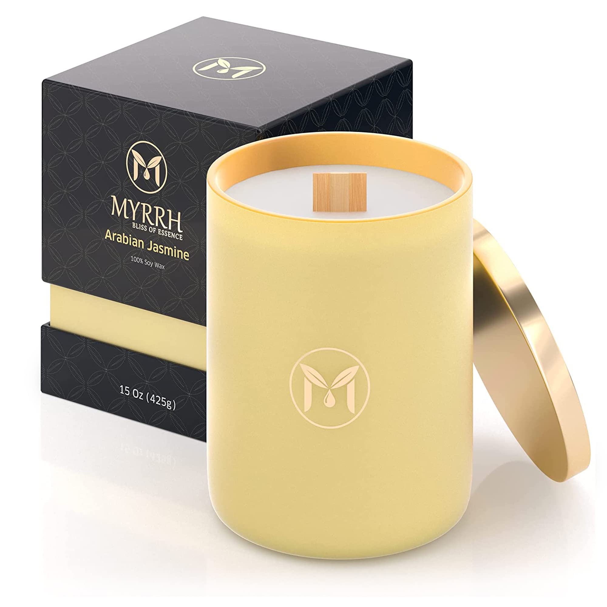 Myrrh Bliss of Essence candle close-up on natural soy wax, signaling clean burning.