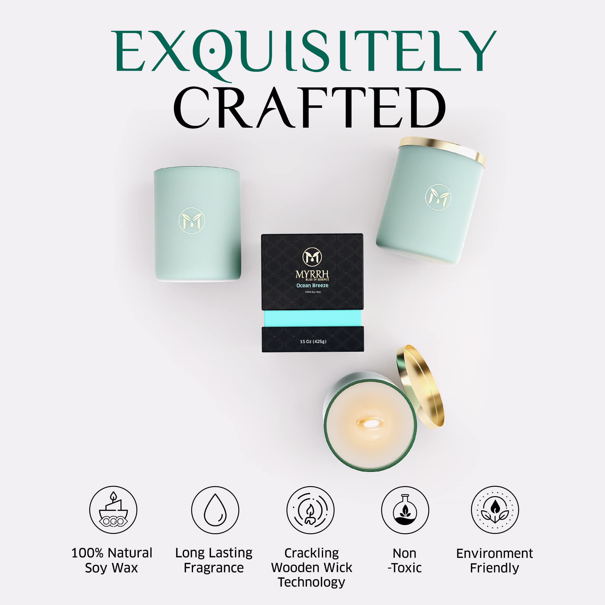 Myrrh Bliss Ocean Breeze candle with camphor oil promotes calm atmosphere.