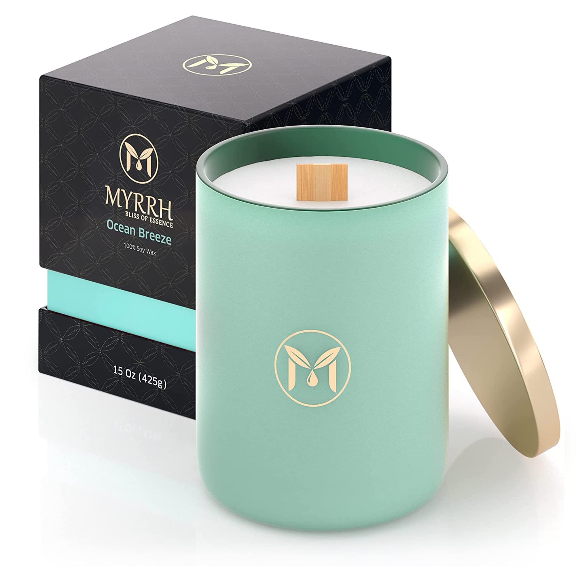 Myrrh Bliss Ocean Breeze candle wooden wick crackle enhances cozy fireside moments.